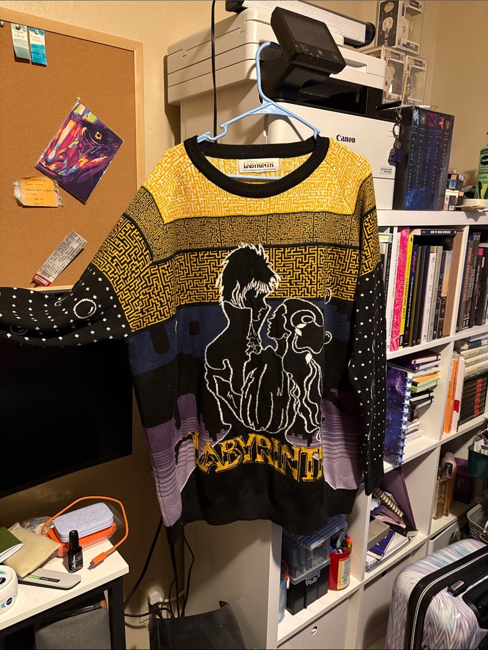 Graphic Labyrinth Knit Holiday Sweater in Yellow, Black & Purple